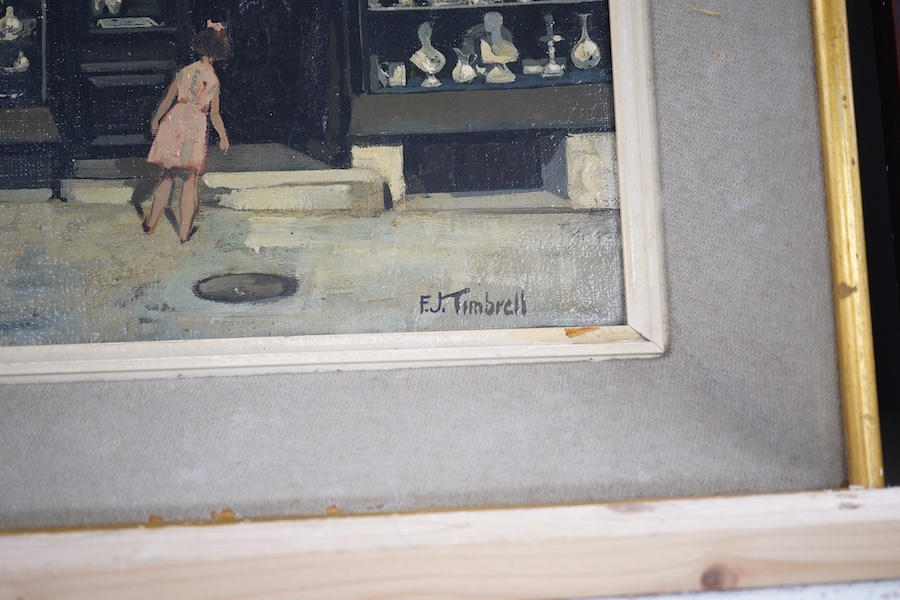 Frederick James Timbrell (1905-1992), oil on board, ‘The Silver Shop’, signed, various labels including The Royal Institute of Oil Painters inscribed label verso, 29.5 x 40cm. Condition - fair to good